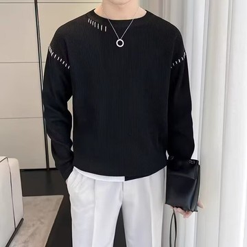 手縫線跡撞色圓領套頭針織毛衣女寬鬆設計感上衣