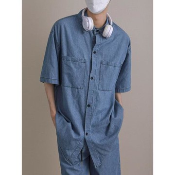 夏季薄款牛仔套裝男帥氣水洗兩件套工作服短袖襯衫五分褲休閑百搭