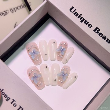 🎀純手工穿戴甲🎀純手工穿戴甲冰藍蝴蝶乳白珍珠簡約溫柔顯白長款美甲貼片新年美甲貼片顯白美甲片高級感穿戴甲 UNX3