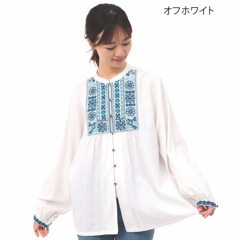 美品Lulu on the Bridge 刺繍入りホワイトハイネックブラウス ブラウス トップス 羽織り レディース 長袖 刺繍 インド綿100