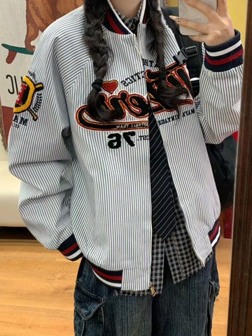 Chemistry_Boys - 韓國 MJK075 MAFA VINTAGE #3339 直條 拉鍊外套 (藍白色)