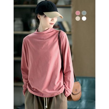 谷家 新疆長絨棉半高領寬松顯瘦全棉打底衫 純色保暖上衣春季新款