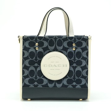 【COACH】圓標LOGO牛仔拼接皮革兩用包-深藍配白