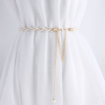 連衣裙子上配的新款腰帶珍珠腰鏈設計感小香編織鏈條裝飾細長收腰