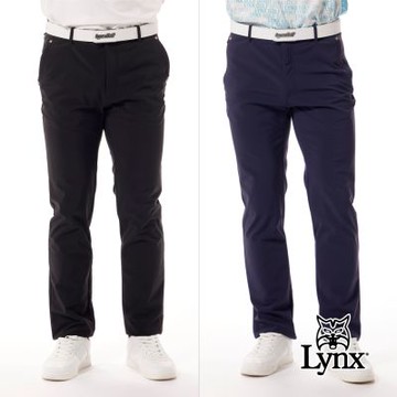 【Lynx Golf】男款保暖防風防潑水機能四面彈性素面造型貓頭鉚釘拉鍊口袋平口窄管休閒長褲(二色)
