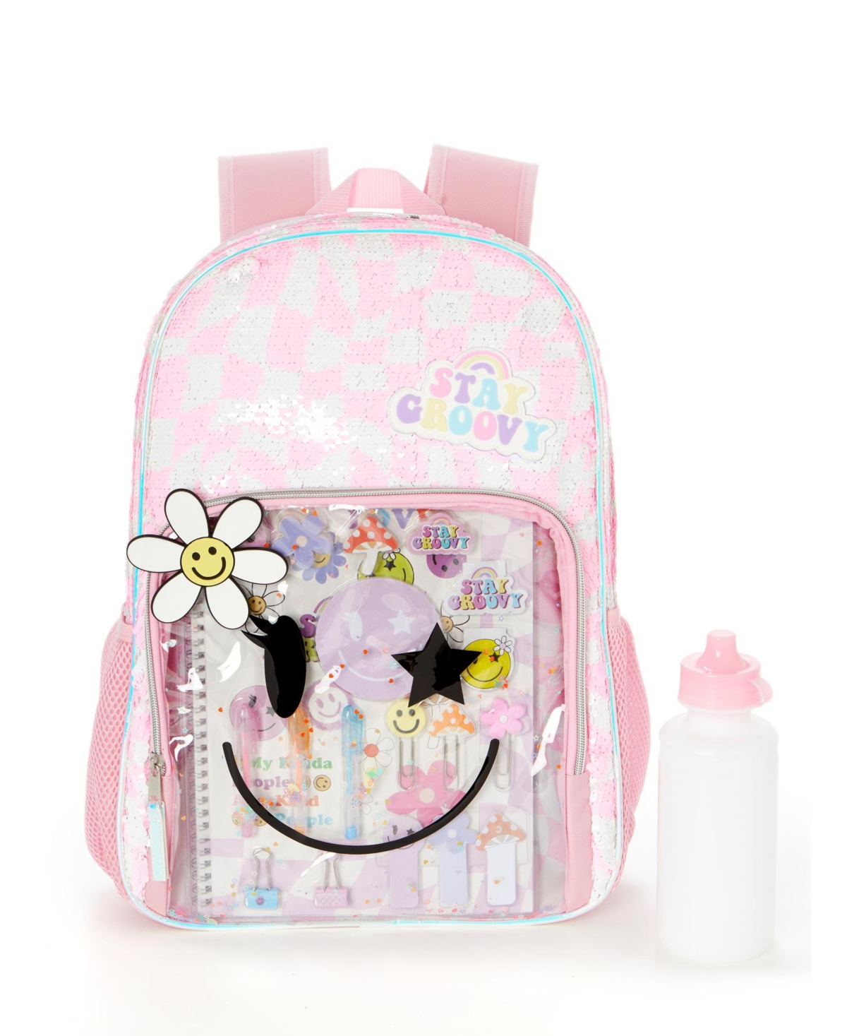 InMocean Little and Big Girls Flower Checker Emoji Backpack with Stationary Set