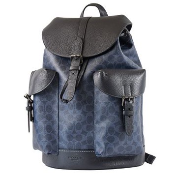 COACH 男款 Warner 緹花LOGO防刮拚荔枝紋束口翻蓋後背包-單寧藍