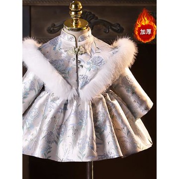 女童連衣裙秋冬毛領洋氣女寶寶國風公主裙小女孩周歲生日禮服唐裝