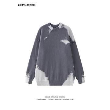 BOYUE帛躍美式高街嘻哈拼接毛邊套頭毛衣潮牌設計感情侶針織衫男