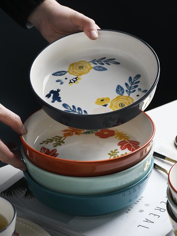 半房陶瓷盤田園風菜盤子浮雕手繪花卉沙拉點心甜品盤家用西餐平盤