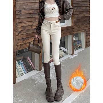 米白色牛仔褲女2025秋冬季新款排扣高腰修身顯瘦彈力緊身小腳褲子