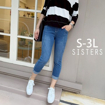 SISTERS 高含棉彈力鬆緊腰牛仔褲/S-3L(女下著/牛仔褲/七分褲/顯瘦/褲子/丹寧)