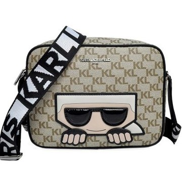 KARL LAGERFELD 卡爾 KL Logo人像 防刮皮革相機斜背包-淺卡其