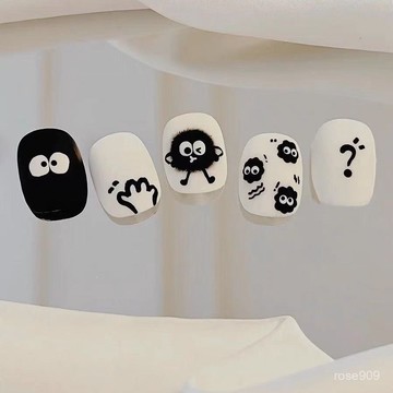 💅限時下殺穿戴甲💅【小煤球】煤球穿戴甲 卡通二次元穿戴甲 黑白手繪穿戴甲 短款美甲 學生手工穿戴甲 短圓穿戴甲