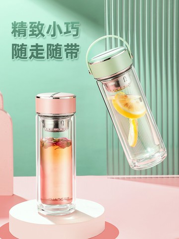 新品~雙層家用帶蓋玻璃杯大容量提環女生水杯便攜泡茶杯透明杯子- 雙11全館免運