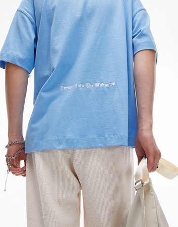 Topman extreme oversized fit t-shirt with front and back existence embroidery in blue