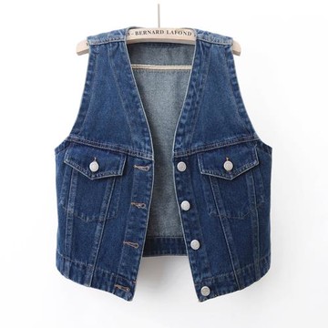 2025春秋新款百搭無領牛仔馬甲女短款外搭背心馬夾坎肩上衣深藍色