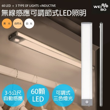 wei bo原廠 可調顏色亮度款 磁吸式無線平板自動感應燈60顆led燈(32.3公分)(停電必備)
