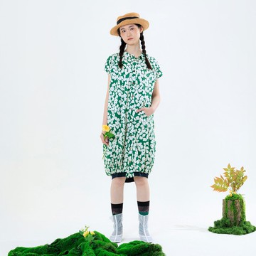 綠隱配色羅紋開襟印花洋裝