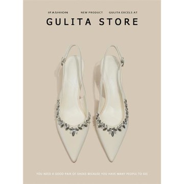 古莉塔水鉆尖頭高跟鞋女細跟配裙子百搭白色絕美伴娘包頭涼鞋女夏