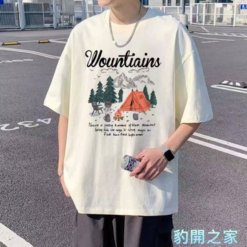 【豹開之家】純棉短袖 男生t恤 夏季衣服 五分袖 短t 情侶t 印花t 露營風T恤 韓版男裝 寬鬆圓領上衣E598