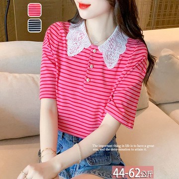 棉上衣條紋拼接蕾絲花領珠釦(2色) M-XL【398436W】【現+預】-流行前線-