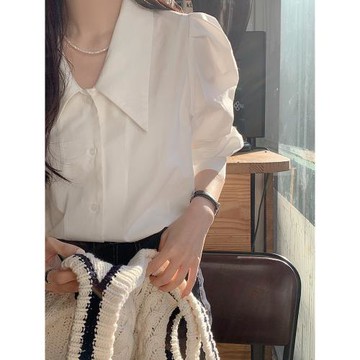 白色法式襯衫女設計感小眾上衣時尚洋氣2025年新款泡泡袖尖領襯衣