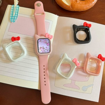 卡通可愛 粉色 Kitty 半包邊框殼 適用 Apple Watch 11 10 9 8 SE 錶框 42mm 46mm