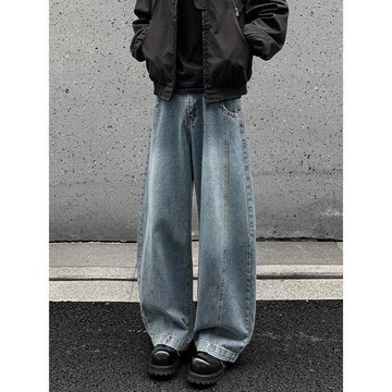 【臺灣出貨】復古藍拼接彎刀牛仔褲男 美式高街寬鬆闊腿褲 潮牌直筒休閒長褲 高街拖地牛仔長褲 水洗藍牛仔褲 街頭潮流長褲