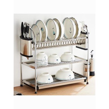 不銹鋼碗碟收納架廚房置物架多功能雙層碗架臺面收納盒碗碟瀝水架