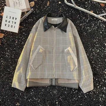 復古千鳥格拼接設計感外套男皮領廓形老錢風休閒上衣男