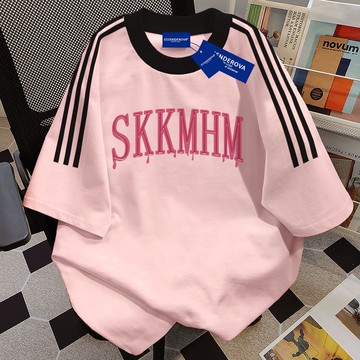 【台灣發貨】100%纯棉 欧美慵懒风 三条杠短袖 T恤女款 2025夏季爆款 宽松遮肉上衣