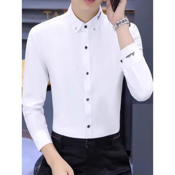 春夏季襯衫男士長袖純白色寸衫商務休閑薄款潮流字母剌繡時尚襯衣