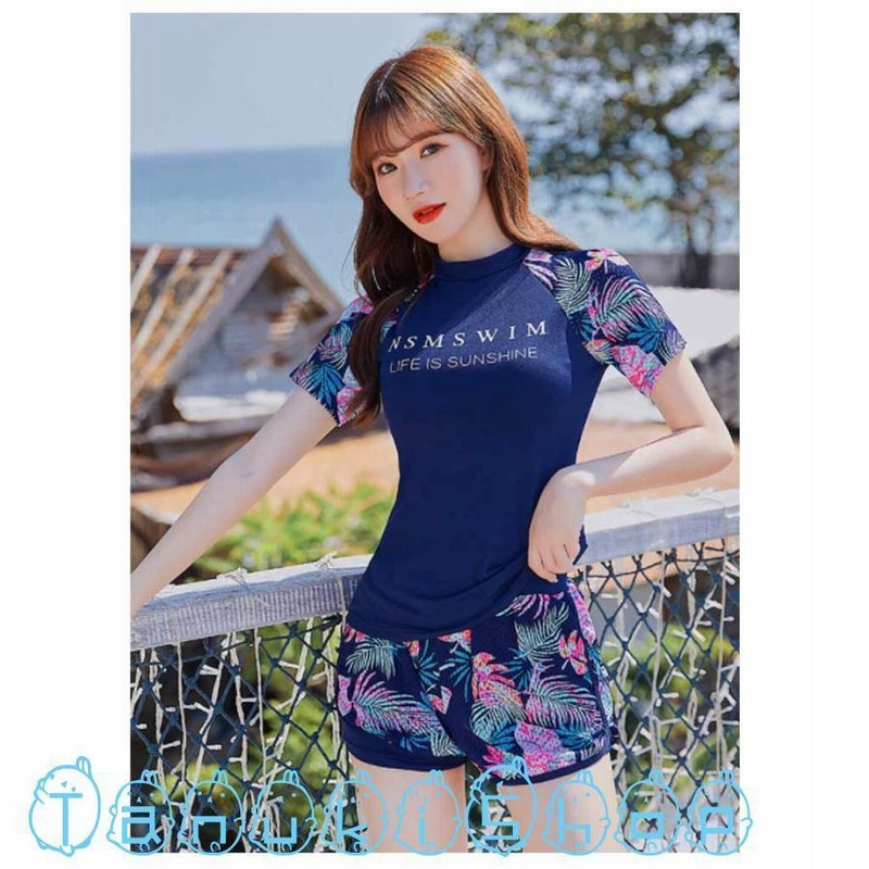ラッシュガード ボタニカル柄 上下セット セパレート 水着 レディース タンキニ 半袖 ショートパンツ 高校生 中学生 女子 高生 ビキニ 通販  LINEポイント最大GET LINEショッピング