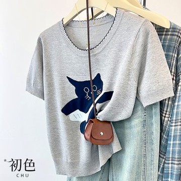 初色 純色貓咪印花圓領短袖繡花針織衫上衣女上衣-共3色-14849(F可選)