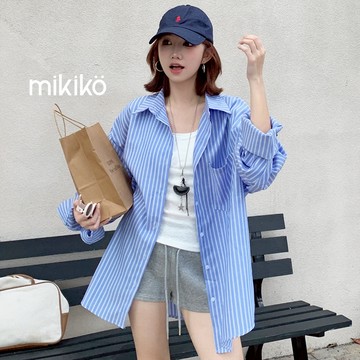 美木子｜長袖襯衫｜藍色直紋長袖襯衫【T10565】寬鬆襯衫 翻領 防曬襯衫 復古條紋 條紋襯衫 韓系 長袖上衣