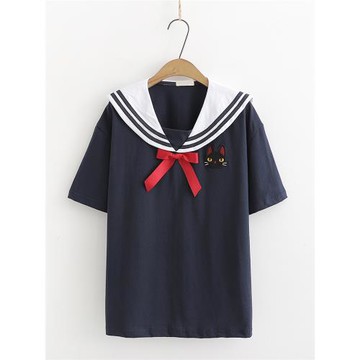 chic小清新軟妹蝴蝶結女T恤短袖學生寬松海軍領水手百搭上衣夏