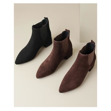 哚榪多秋冬新款低跟粗跟尖頭真皮短靴女翻毛皮切爾西靴加絨及踝靴