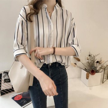 韓版寬松胖mm大碼條紋襯衫女七分袖V領上衣夏裝減齡遮肚顯瘦襯衣