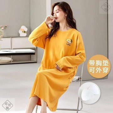 可可裡🐾睡裙女士秋季甜美可愛中長裙春秋帶胸墊孕婦睡衣長袖加大碼家居服