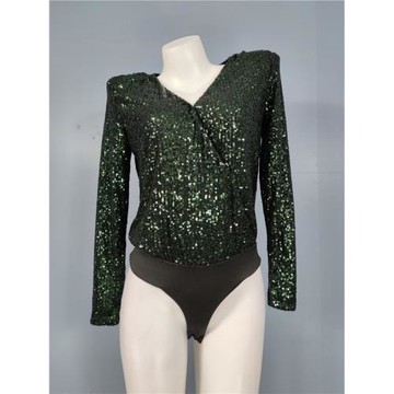 外貿單R家氣質修身顯瘦辣妹閃亮長袖性感V領百搭蹦迪夜店連體上衣