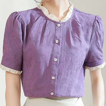 【巴黎精品】現貨+預購 女雪紡上衣短袖襯衫法式名媛氣質OL西裝蕾絲休閒女裝-短袖法式木耳邊a1kc50