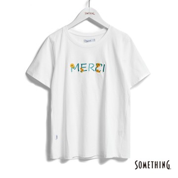 SOMETHING 女裝 向日葵刺繡印花短袖T恤-白色