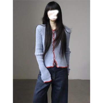 高級感藍色毛衣外套女士深秋初冬穿搭小香風打底針織開衫顯瘦上衣