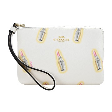 COACH 燙金馬車口紅印花L拉鍊手拿包(米白)