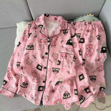 可可裡🌺粉萌小熊休閒睡衣女春秋季開衫長袖長褲少女休閒家居服套裝可外穿