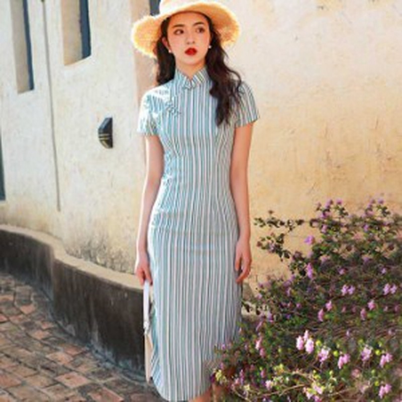 チャイナドレス ワンピース チャイナ風服 スタンドネック 半袖 ロング丈 着痩せ S M L Ll 3l 4l グリーン 緑 コットン ストライプ柄qp 通販 Lineポイント最大1 0 Get Lineショッピング