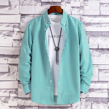 秋裝帥氣豎條紋圖案襯衫男長袖精神小伙時尚休閑嘻哈修身襯衣百搭