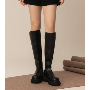 優雅氣質馬銜釦輕量厚底長靴 黑 L-2414BK