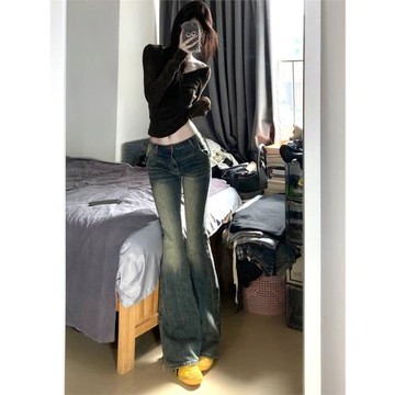 美式復古水洗微喇叭牛仔褲女早春設計感高腰直筒小個子闊腿拖地褲